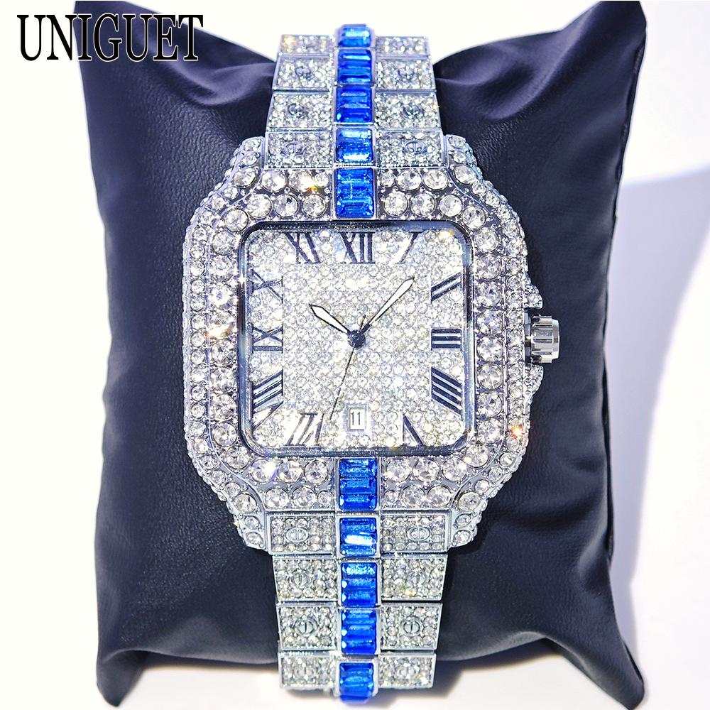 Luxury Red Diamond Watches Men Brand UNIGUET Hip Hop Iced Bling Jewelry Wristwatch Man Waterproof Square Quartz Clocks