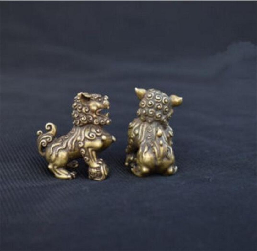 Copper Statue Collectable Chinese Brass Carved Animal A Pair Of Lions Exquisite Small Statues