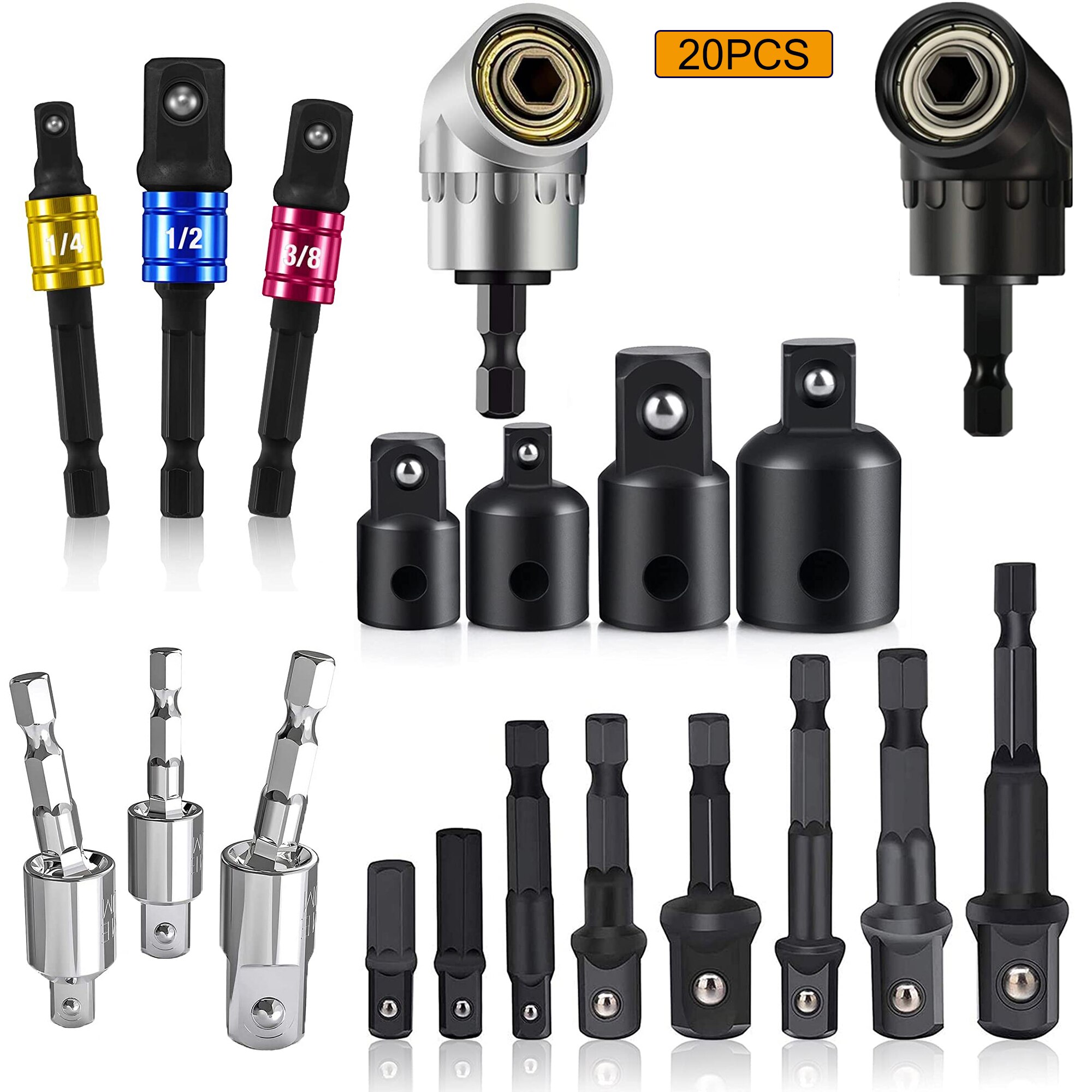 Drill Socket Adapter Converter For Impact Driver 105° Right Angle Drill Attachment Bit Impact Socket Adapter and Reducer Set: 20PCS