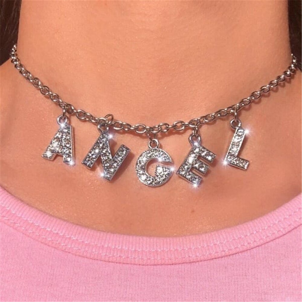 Luxus Engel knapp Halsband Halskette Für Frauen Kurze Alphabet Kristall Anhänger Halskette Hochzeit Partei Schmuck A830