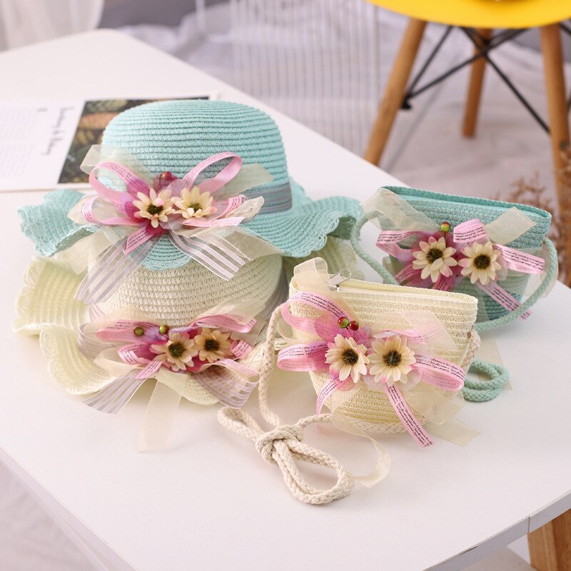 Hotsale Zomer Twee Stuk Een Set Kind Leuke Daisy Bloemen Schoudertas En Strooien Hoed Baby Meisje Zonnehoed Panama cap Gorros