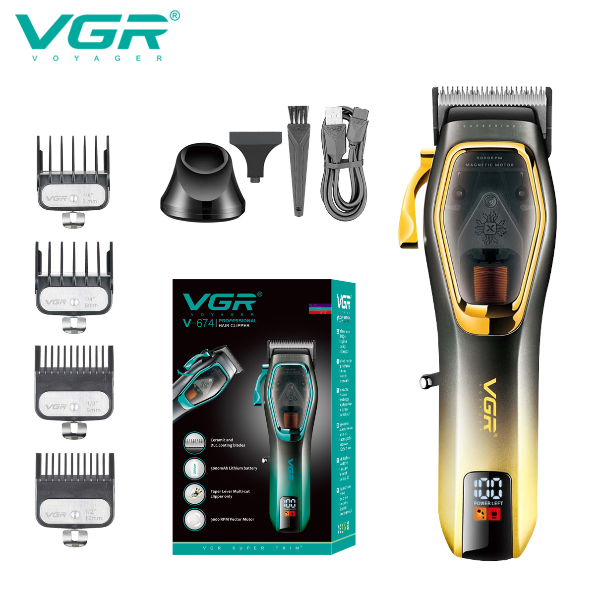 Vgr hårklipper hårtrimmer 9000 o/min hårklippemaskin justerbar barber hårklipp led trimmer for menn v -674: Gul