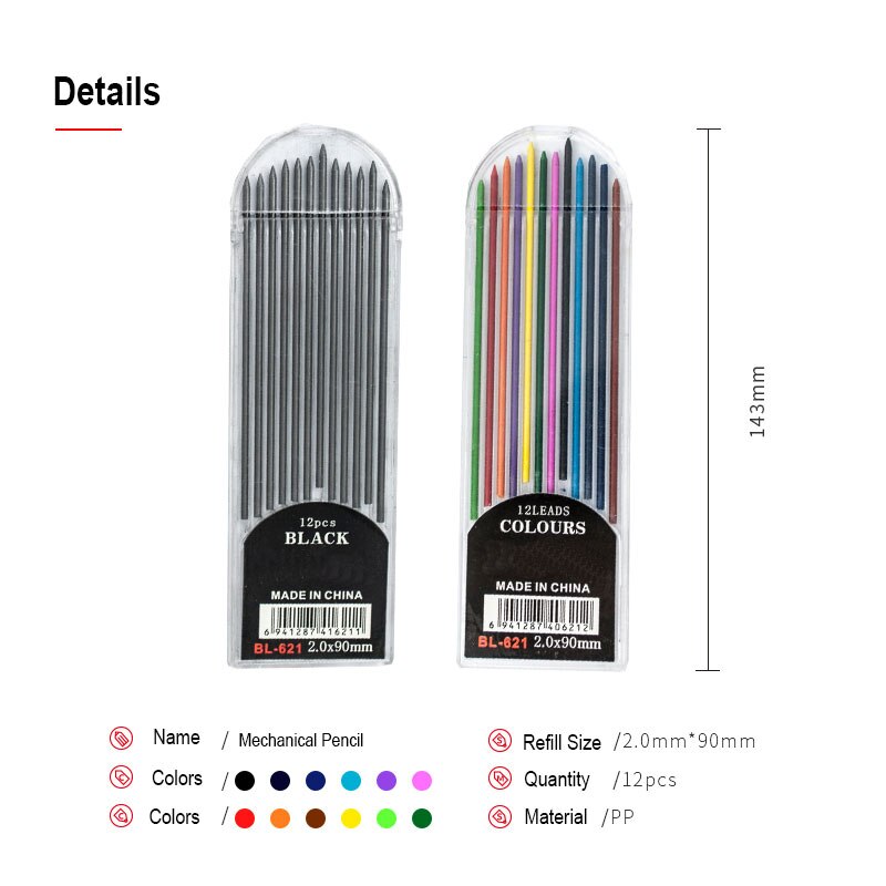 Automatic Mechanical Pencil 2.0mm Thick Writing Point Pencil Drawing Painting Black Refills School Office Stationery