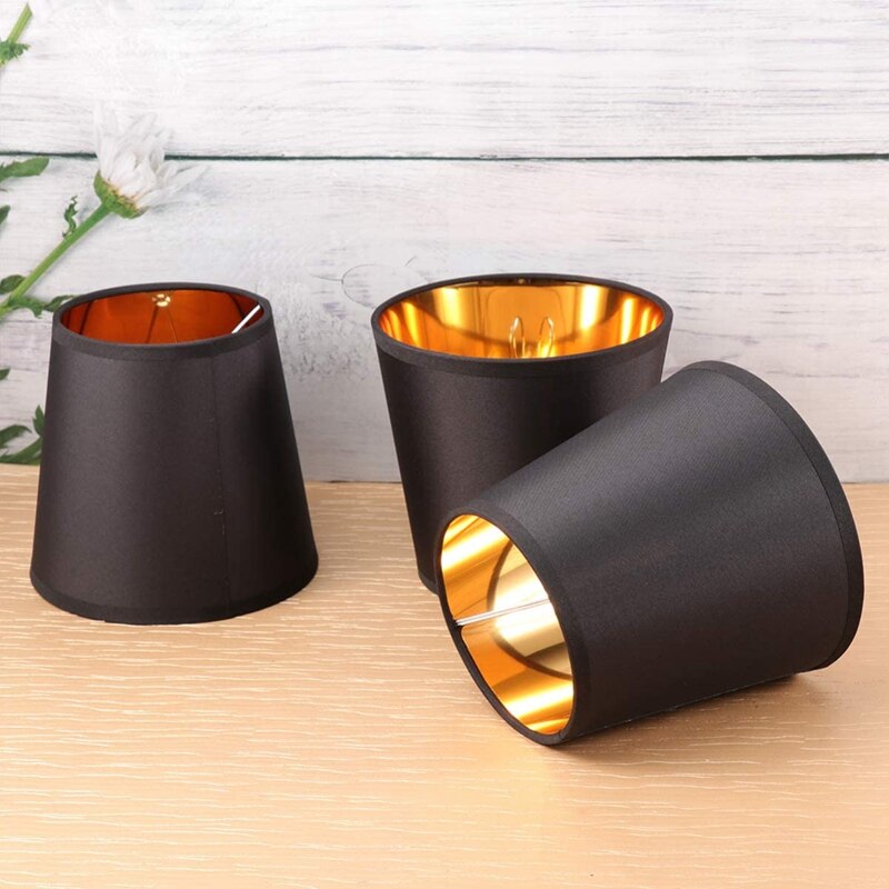Pantallas de lámpara negra con forro dorado, pantallas de lámparas de candelabro de vela, Conjunto de 6