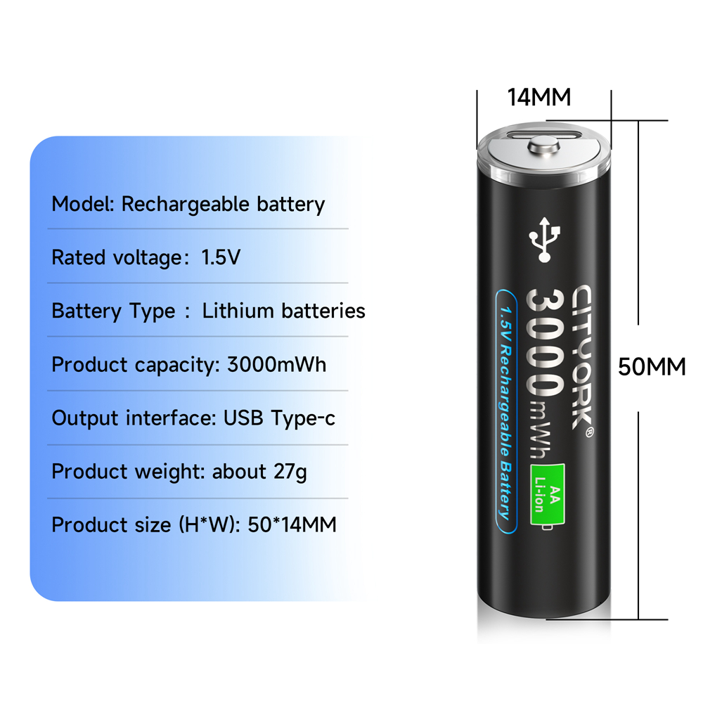 100 % Kapazität, 1,5 V AA-Li-Ionen-Akku, 3000 mWh, AA-USB, wiederaufladbarer AA-Lithium-Akku, AA-Li-Polymer-Akkus mit USB-Kabel