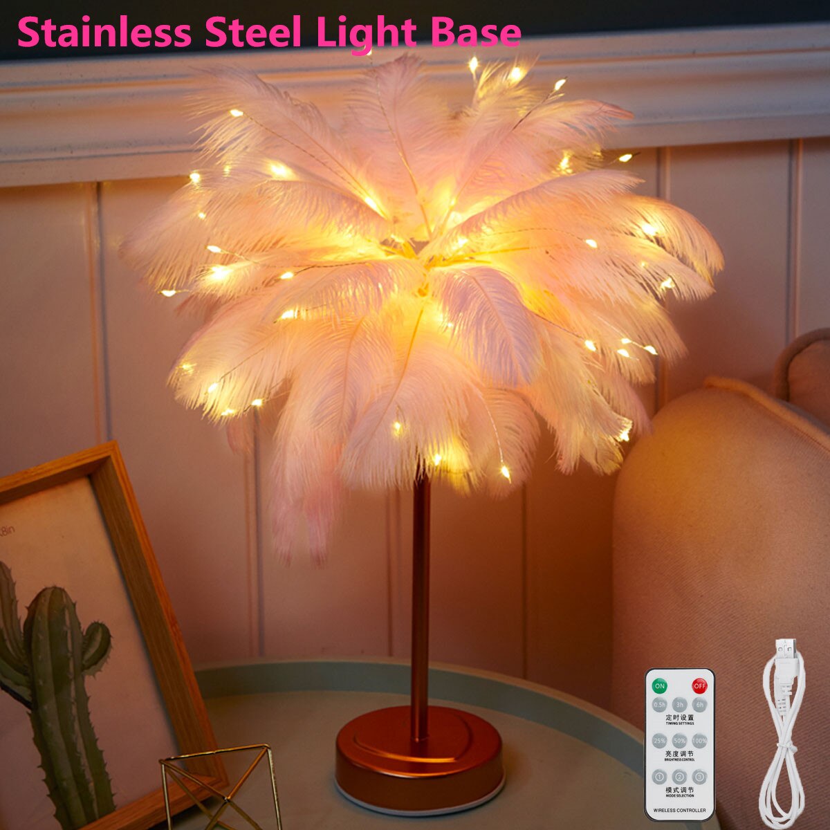 LED Feather Table Lamp Warm White Light Tree Lamp with Remote Control Feather Lampshade Wedding Decorative Lights Birthday: RC Pink