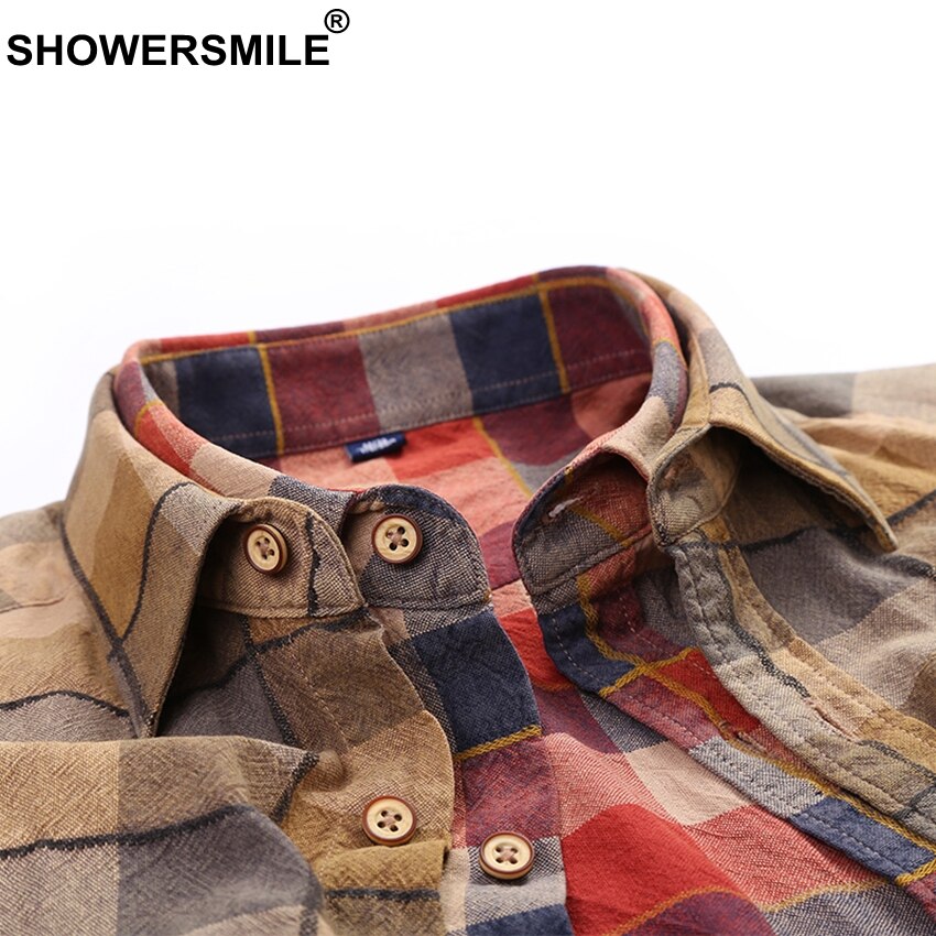 Showersmile brune rutete skjorter menn flanell casual langermet skjorte herre bomull slim fit rutete klær i britisk stil