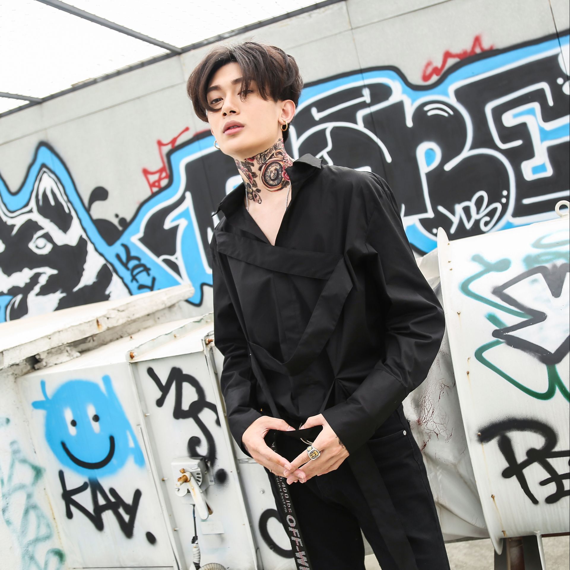 Men Long Sleeve Casual Shirts High Street Male Punk Hip Hop Black Dress Shirt Stage Clothing