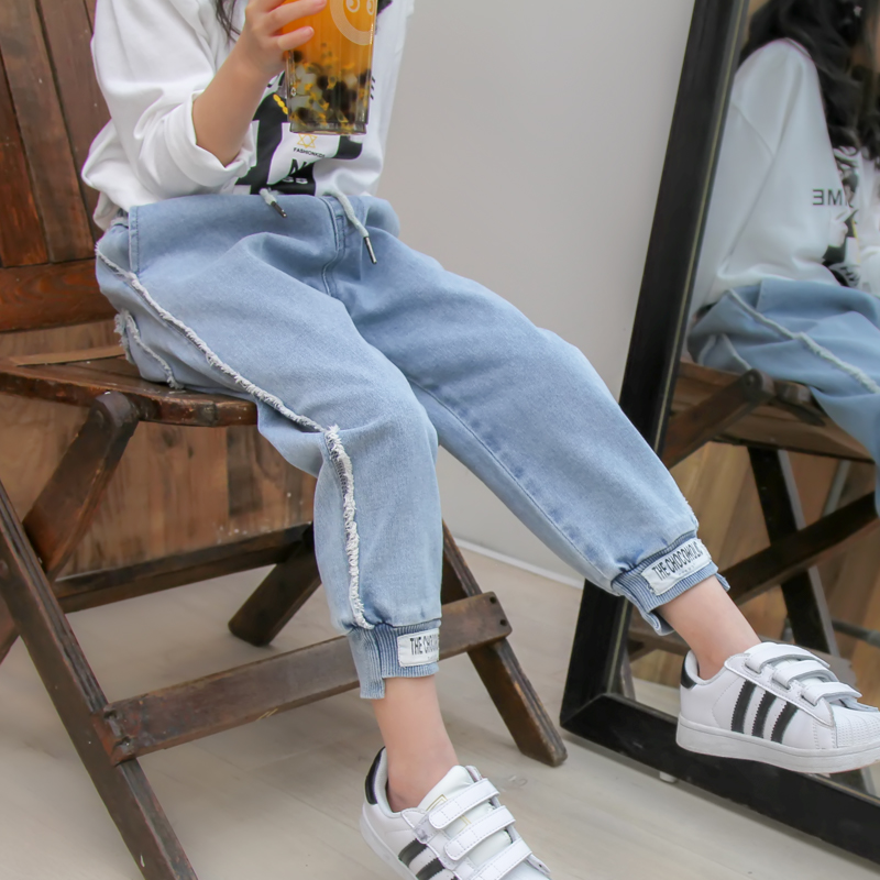 Effen denim broek kinderen katoenen elastische taille overall voor grote meisjes lente kinderkleding peuter broek voor 4 8 12 14y