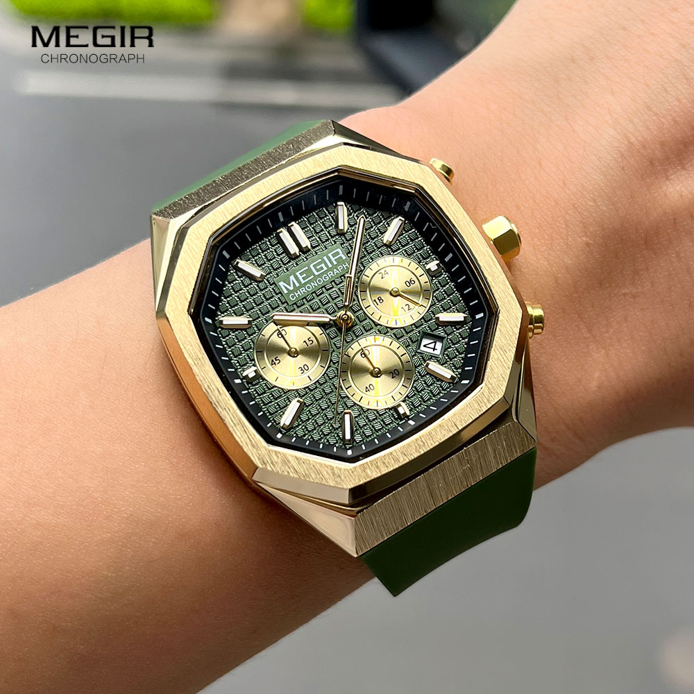 Megir heren waterdicht horloge met achthoekige wijzerplaat, chronograaf, quartz polshorloge met olijfgroene siliconen band, datumweergave en lichtgevende wijzers 2215