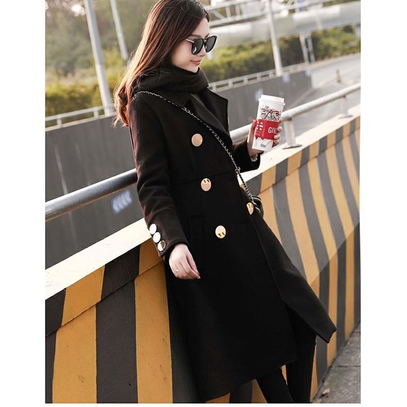 abrigo de lana negro coreano para mujeres otoño invierno largo ajustado abotonado prendas de vestir chaqueta de abrigo de lana femenina Y600