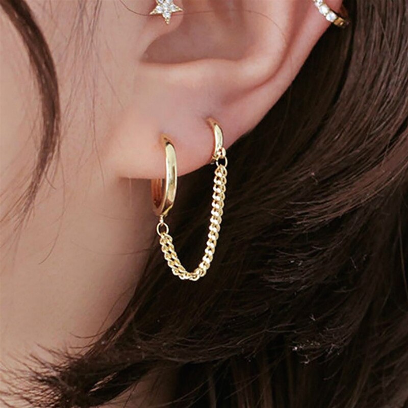 1Pc Zwei Loch Hoop Ohrring Kristall Zirkon Punk Hip Hop Ohrringe Gold Piercing Schmuck für Frauen Zubehör Mädchen