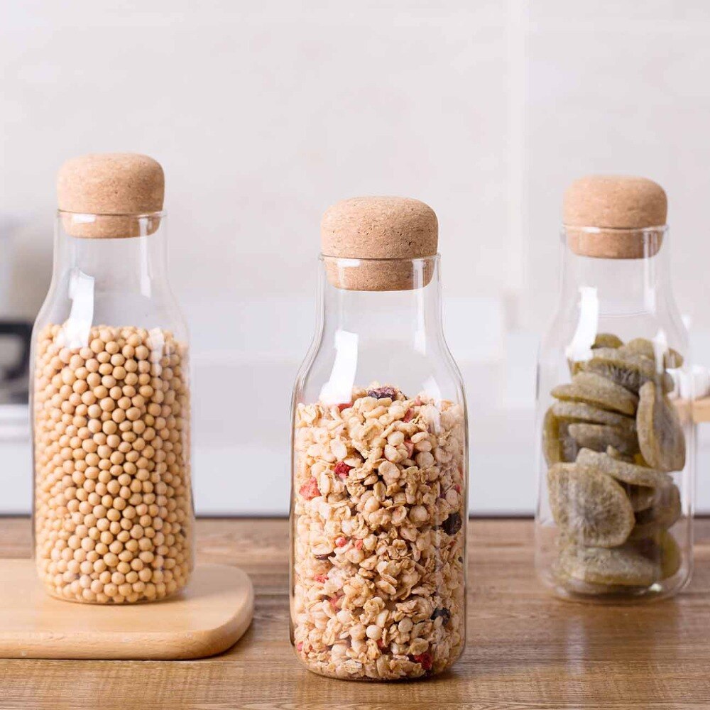 Kitchen Storage Containers Transparent Glass Food Storage Jar Bottle Cereal Container Wood Plug Kitchen Organization