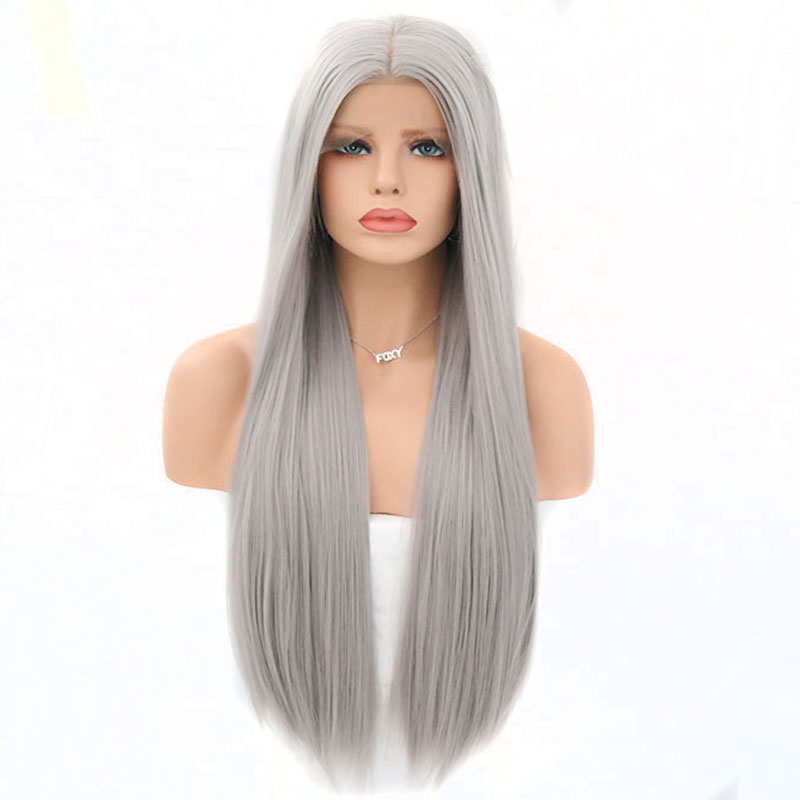 Bombshell Long Straight Gray Synthetic Lace Front Wig Silver Grey Soft Natural Hairline Heat Resistant Synthetic Hair Women Wigs