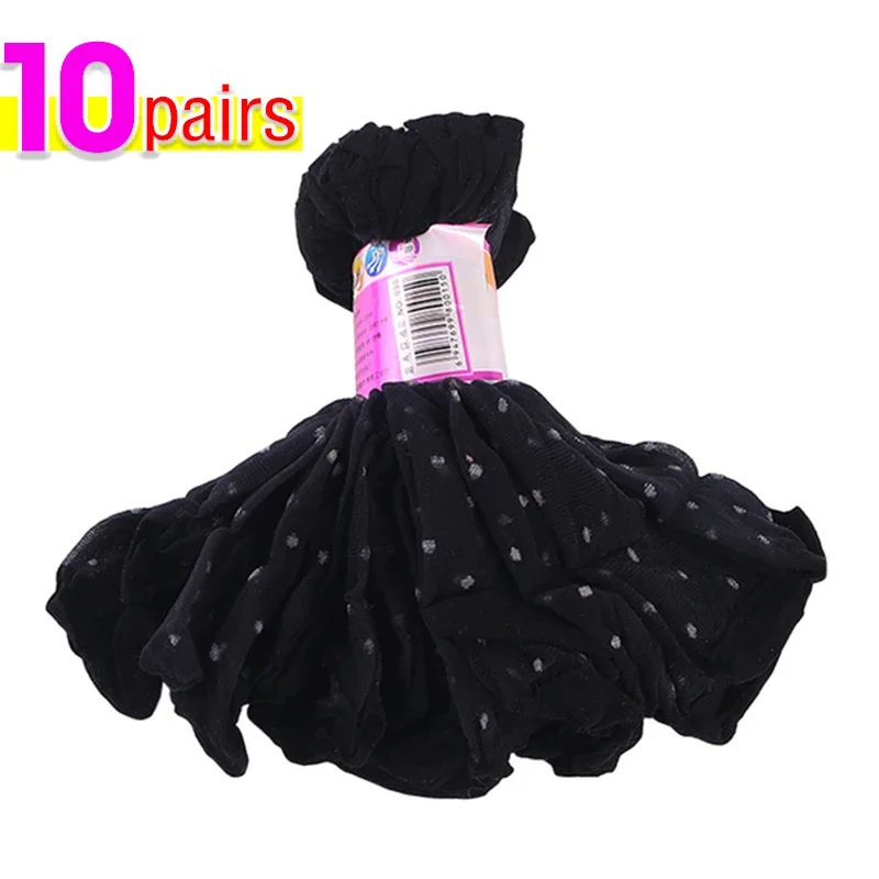 5/10Pairs Dot Zijden Sokken Vrouwen Transparante Dunne Ademende Zomer Nylon Korte Voorraad Vrouwelijke Antislip Stretch enkel Sexy Sok: Black