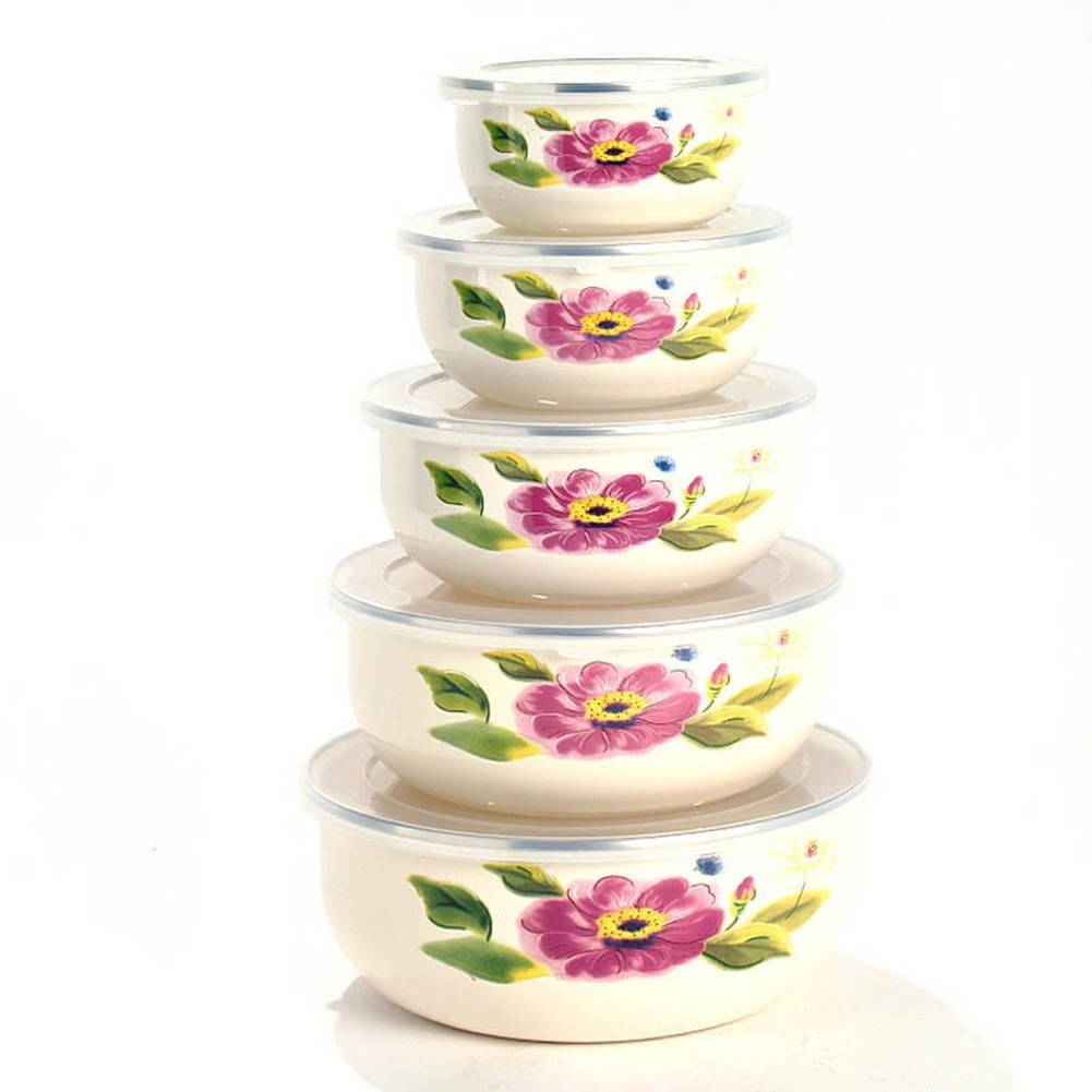 5Pcs/Emaille Kom Set Creatieve Bloem Dier Emaille Kommen Salade Voedsel Kommen Met Plastic Covers Voor Thuis Keuken