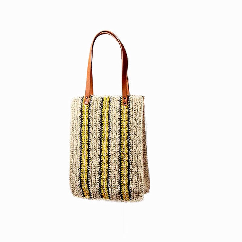 Décontracté femmes sacs de paille rotin Totes bande dames sacs à bandoulière tissé grande capacité sacs à main été Sac de plage: yellow strip