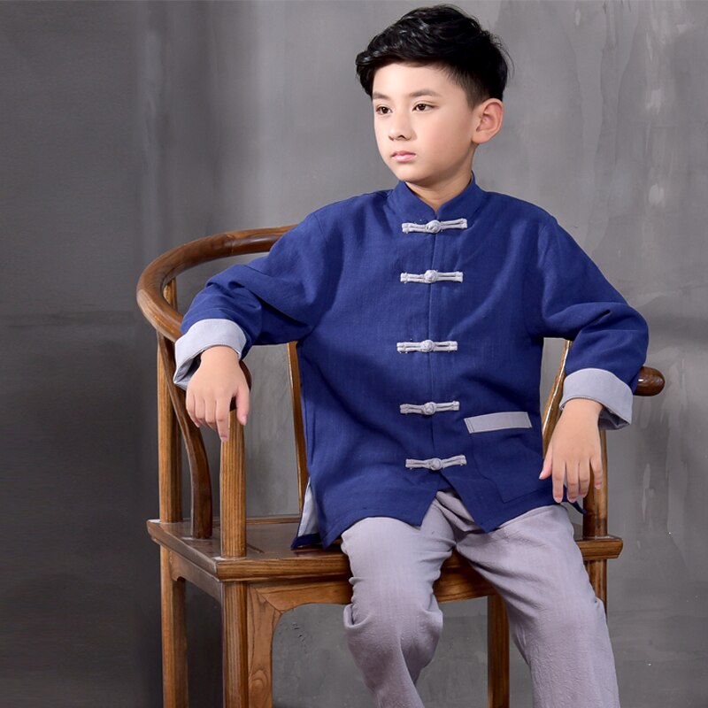 Ropa tradicional china tang, ropa de kungfu para niños, ropa tradicional de hanfu para niños, disfraz de minoría nacional, camisa de tai chi 89: Azul / Sg