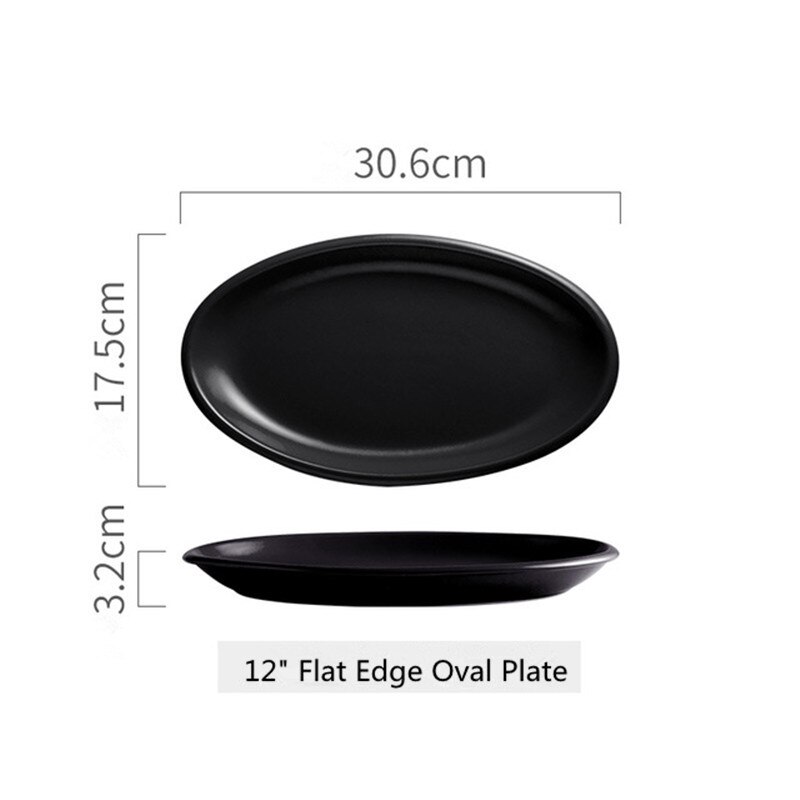 Nordic 12 inch flat side oval ceramic plate hotel home salad steak pasta kitchen kitchen utensils: Black