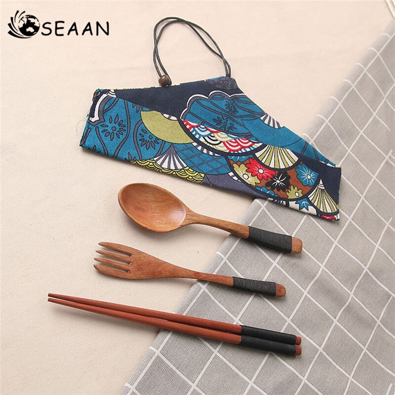 3 pièces fourchette cuillère baguettes ensemble cuisine bambou couverts ensemble en bois paille vaisselle ensemble avec sac en tissu voyage couverts ensemble gadgets