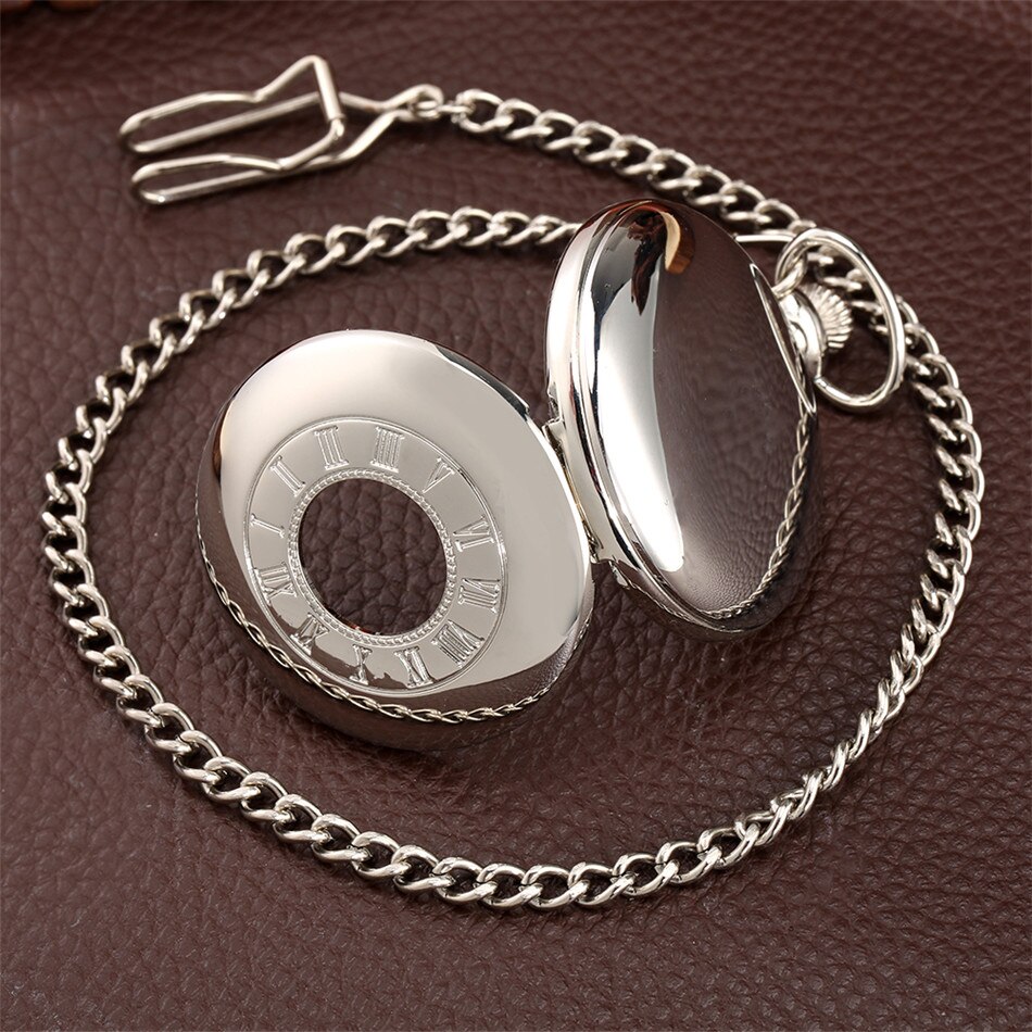 Smooth Silver Roman Numerals Half Hunter Quartz Pocket Watch Digital Analog Display Round Dial Antique Fob Clock Unisex