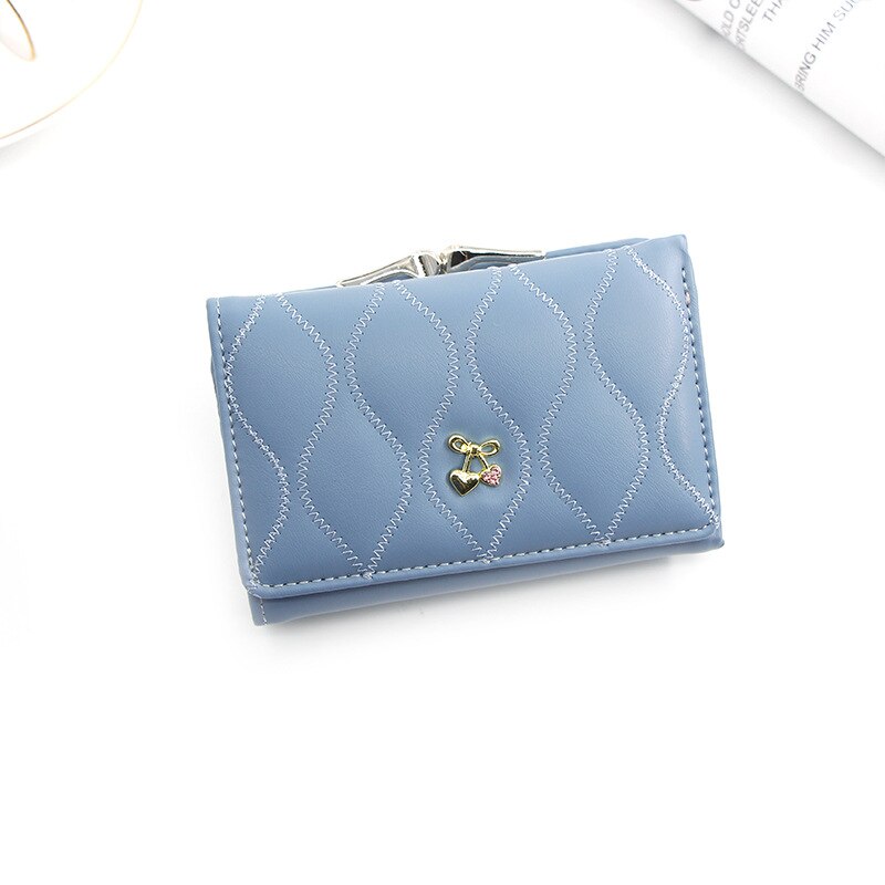 Mini Lederen Portemonnee Vrouwen Dame Korte Coin Pouch vrouwen Purse Leuke Cherry Kleine Verandering Portemonnees Coin Bag 3 fold Portemonnee: blue