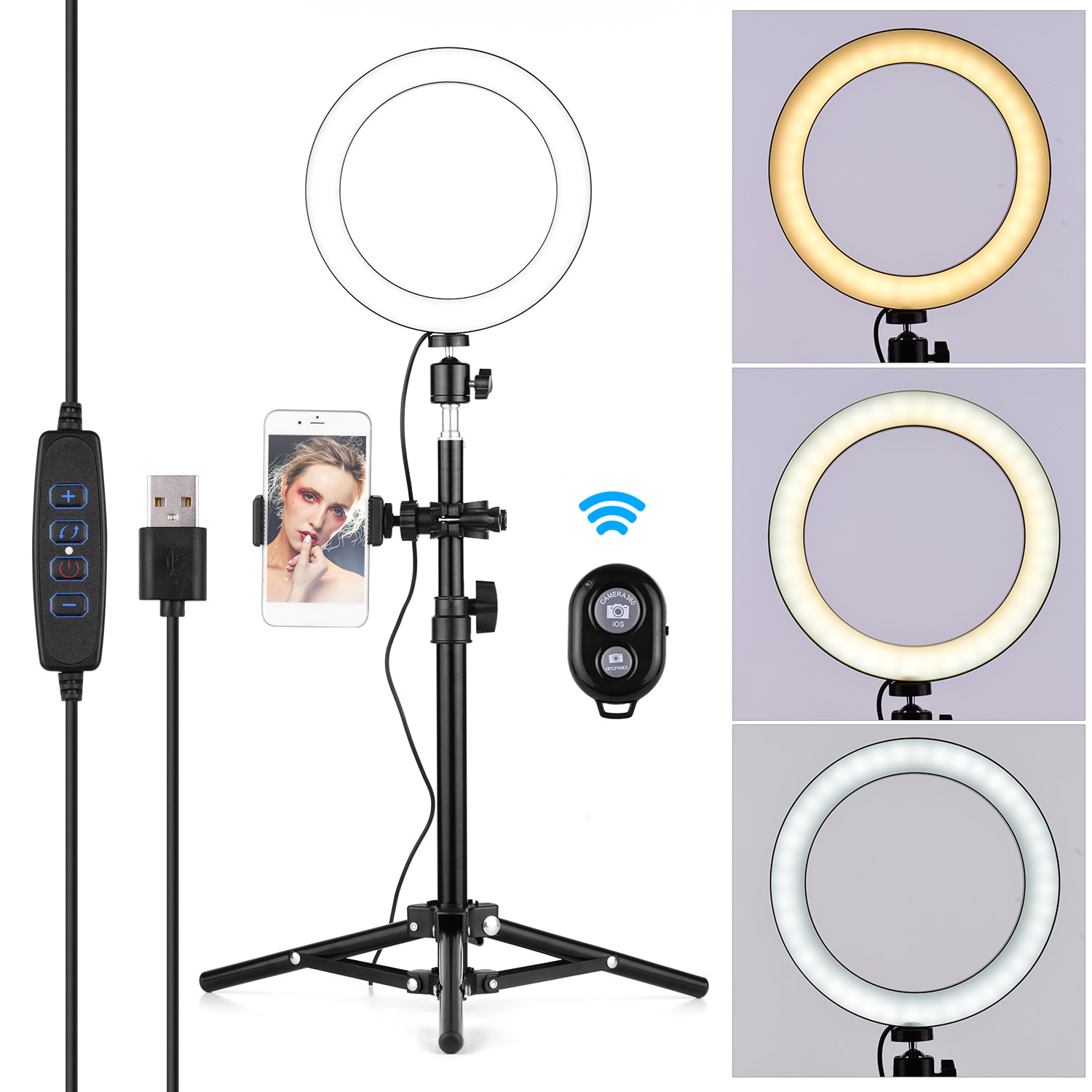Ring Light Kit 20cm Diameter 3000K-6500K Bi-color Dimmable Ring Video Light + Mini Ball Head + 50cm Light Stand + Fixing Clamp