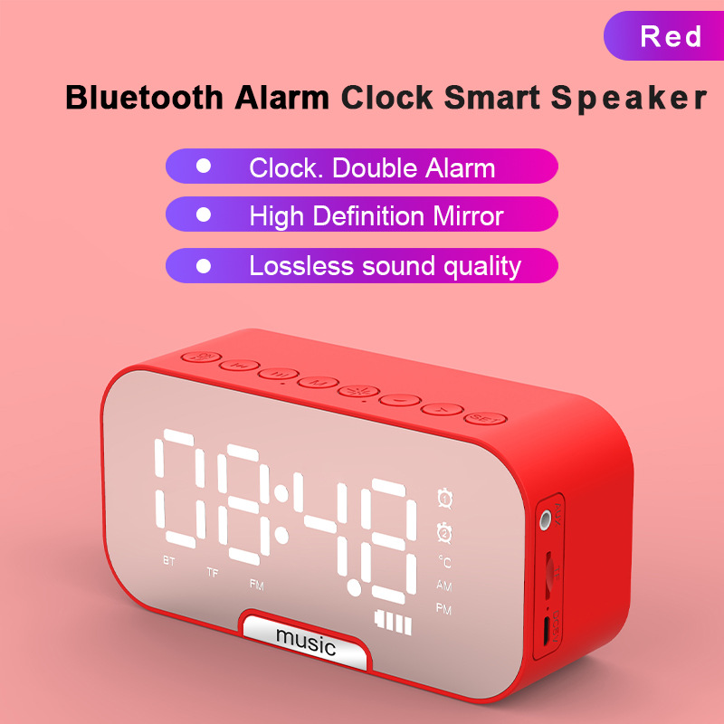 Smart väckarklocka fm-radio spegel bluetooth-högtalare termometer trådlös bluetooth-högtalare med lång batteritid stereohögtalare bilfestdekor: Röd