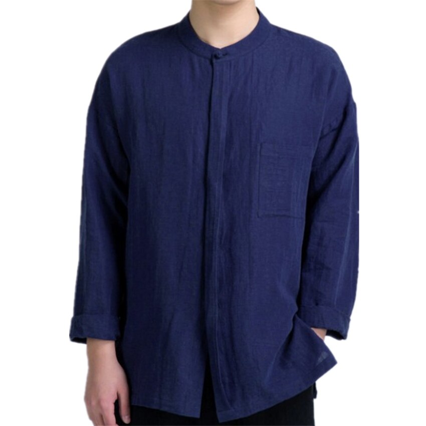 Chinese Style Kung Fu Clothes for Men Tang Suit Retro Long Sleeve White Solid Mandarin Collar China Shirt Top Hanfu