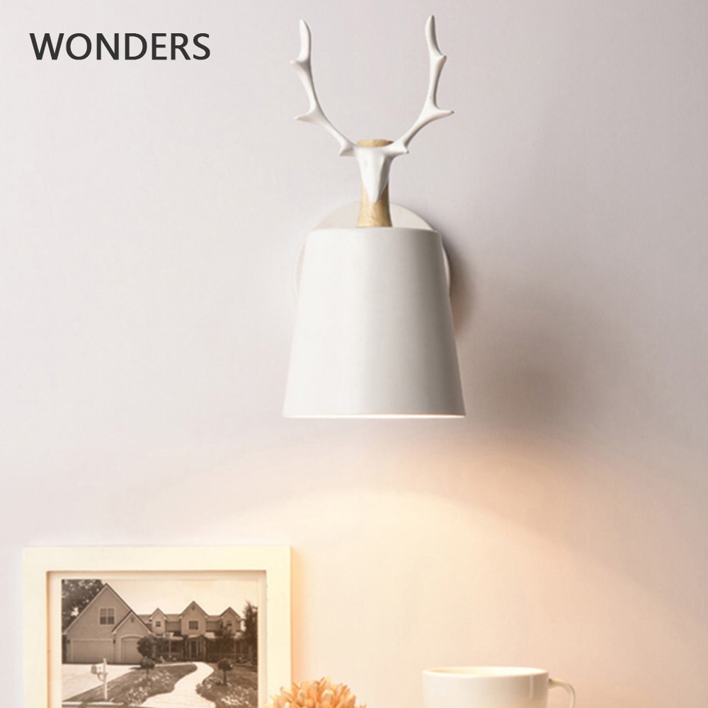 Nordic Moderne Herten Gewei LED Wandlamp Massief Hout Zwart Wit E27 ijzer Dier Wandlamp Thuis Wedstrijden voor Slaapkamer foyer