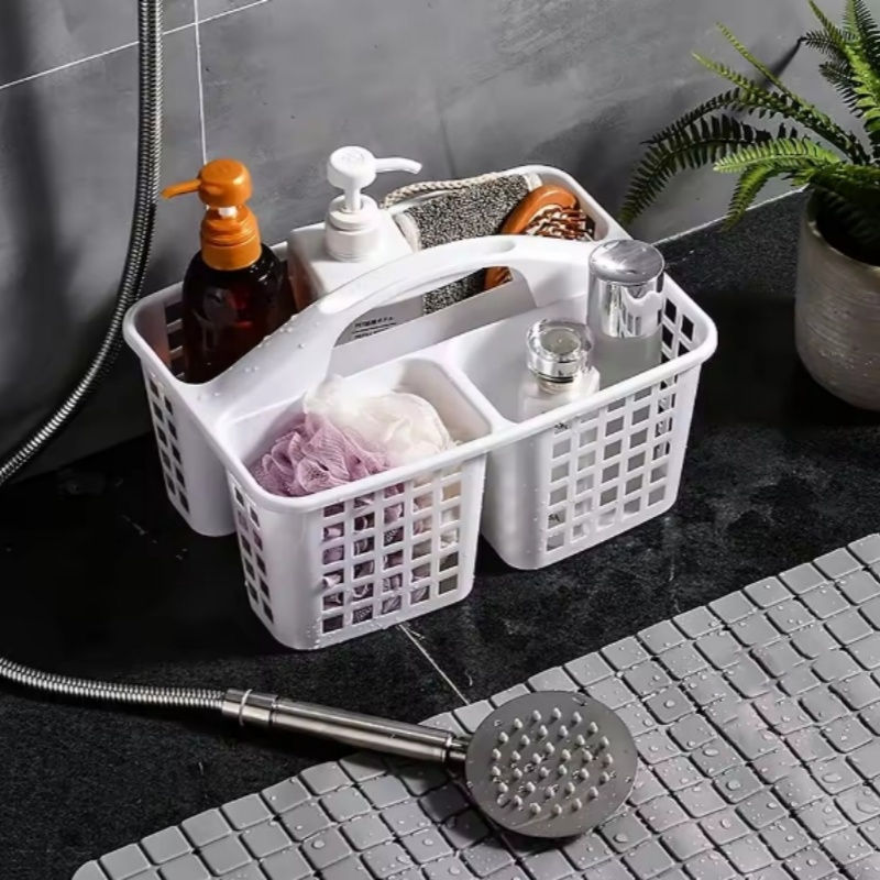 Cesta de plástico para ducha con compartimentos, organizador de almacenamiento de suministros de limpieza dividido portátil con asa para dormitorio y baño