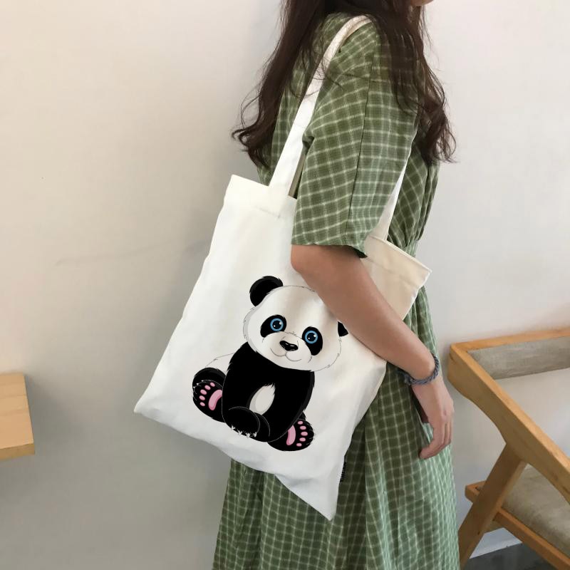 Panda Cartoon Leuke Animal Print Dames Handtassen Canvas Draagtas Winkelen Reizen Vrouwen Eco Herbruikbare Schoudertassen Bolsas De Tela