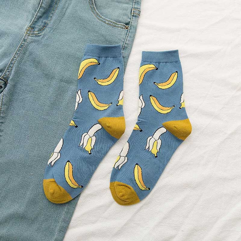 Dessin animé fruits coton chaussettes pastèque citron fraise banane avocat femmes chaussettes féminine Streetwear chaussettes été automne: Banana