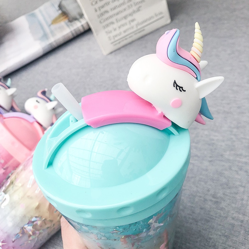 Unicorn Push Cap Plastic Ice Cup Cute Literary Fresh Cartoon Double Straw Cup Students Cup