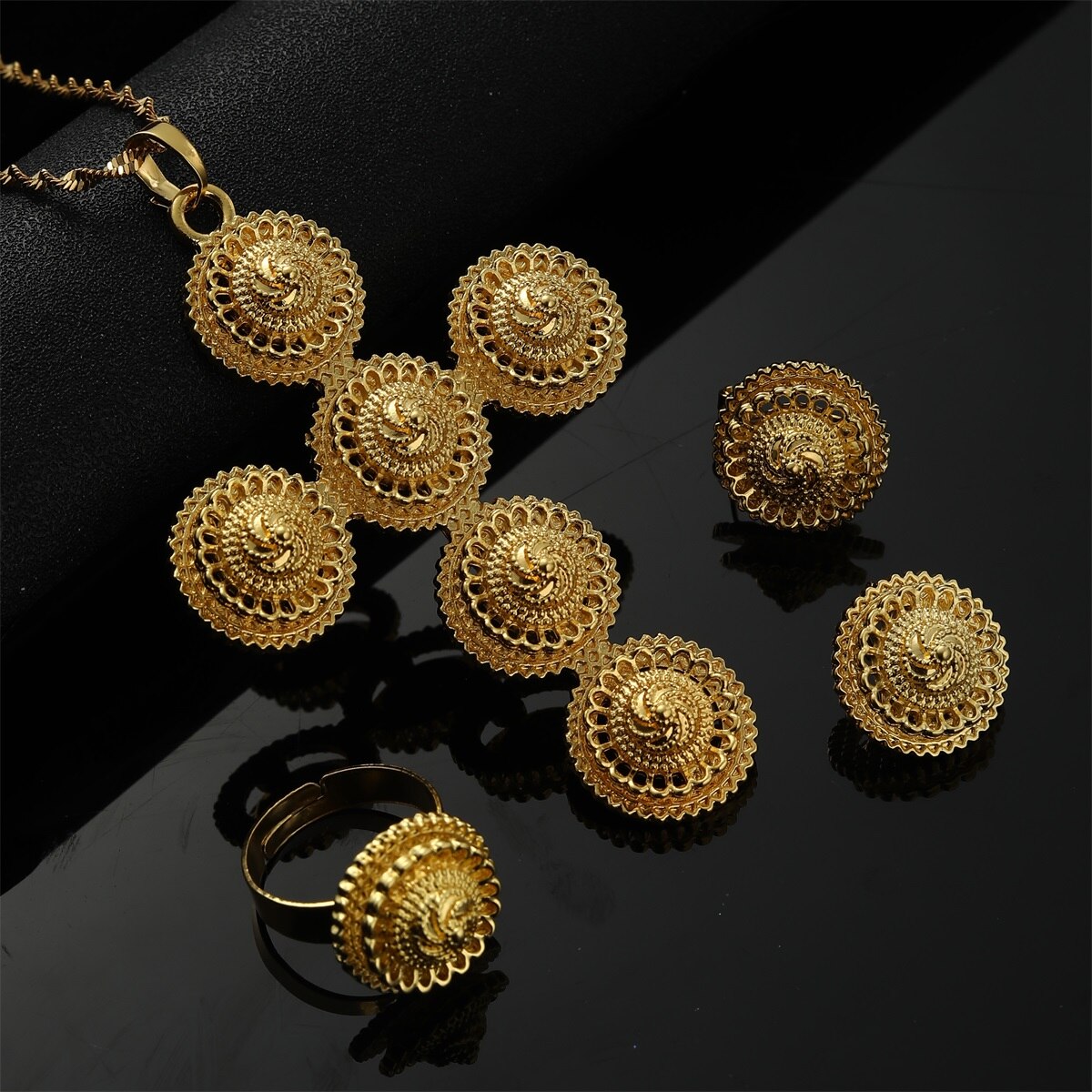 Ethiopische Ketting Oorbellen Ring Afrikaanse Bridal Habesha Eritrea Dubai Bruiloft Sieraden Set