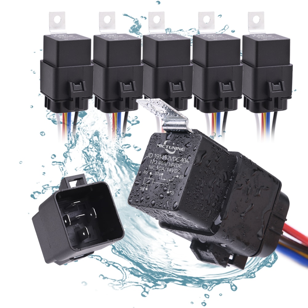 MICTUNING 5pcs 40/30A Waterproof Relay Harness Set 12V 5-PIN SPDT Automotive Relay with Heavy Duty 16AWG 14AWG Pre-wired Harness