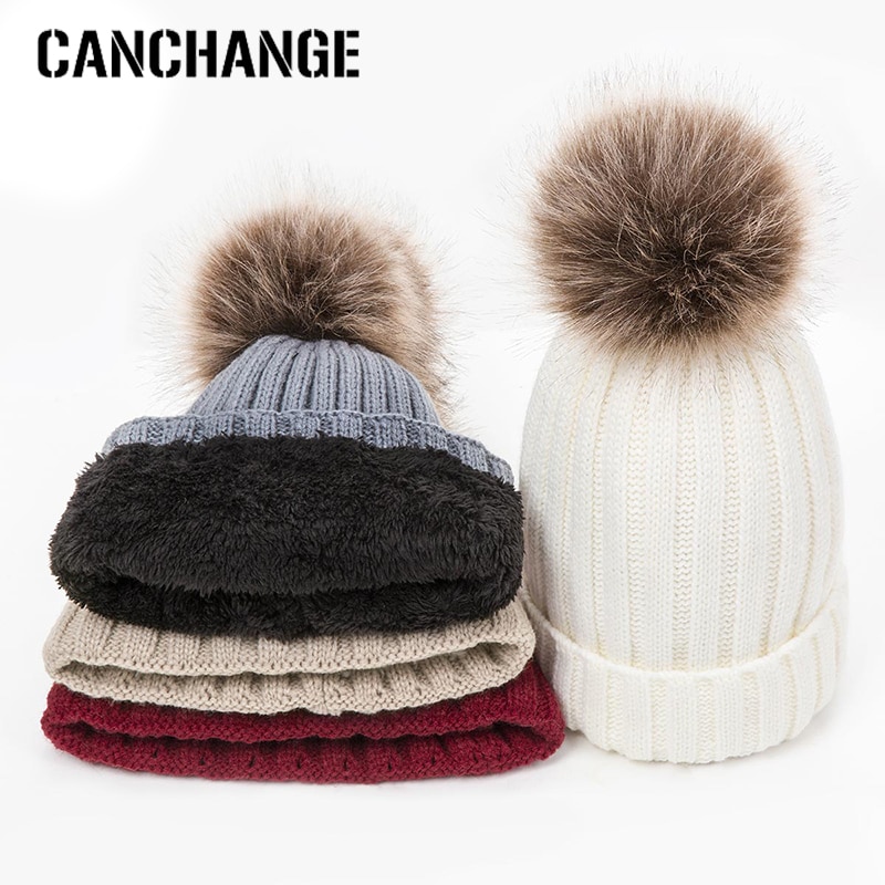 Women's Winter Hats Knit Plus Velvet Warm Beanie Hat Ladies Solid Color Pom-pom Hat Clothing Accessories