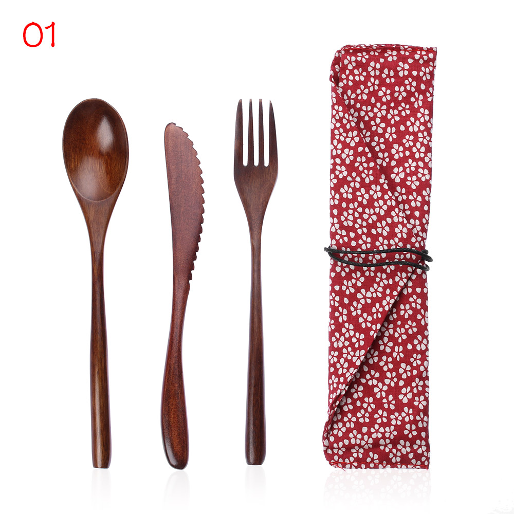 1 SET Pack Tea Scoops Desserts Fruits Serving Travel Dinnerware Suit Spoon Fork Portable Tableware Wooden Cutlery Sets Cloth Bag