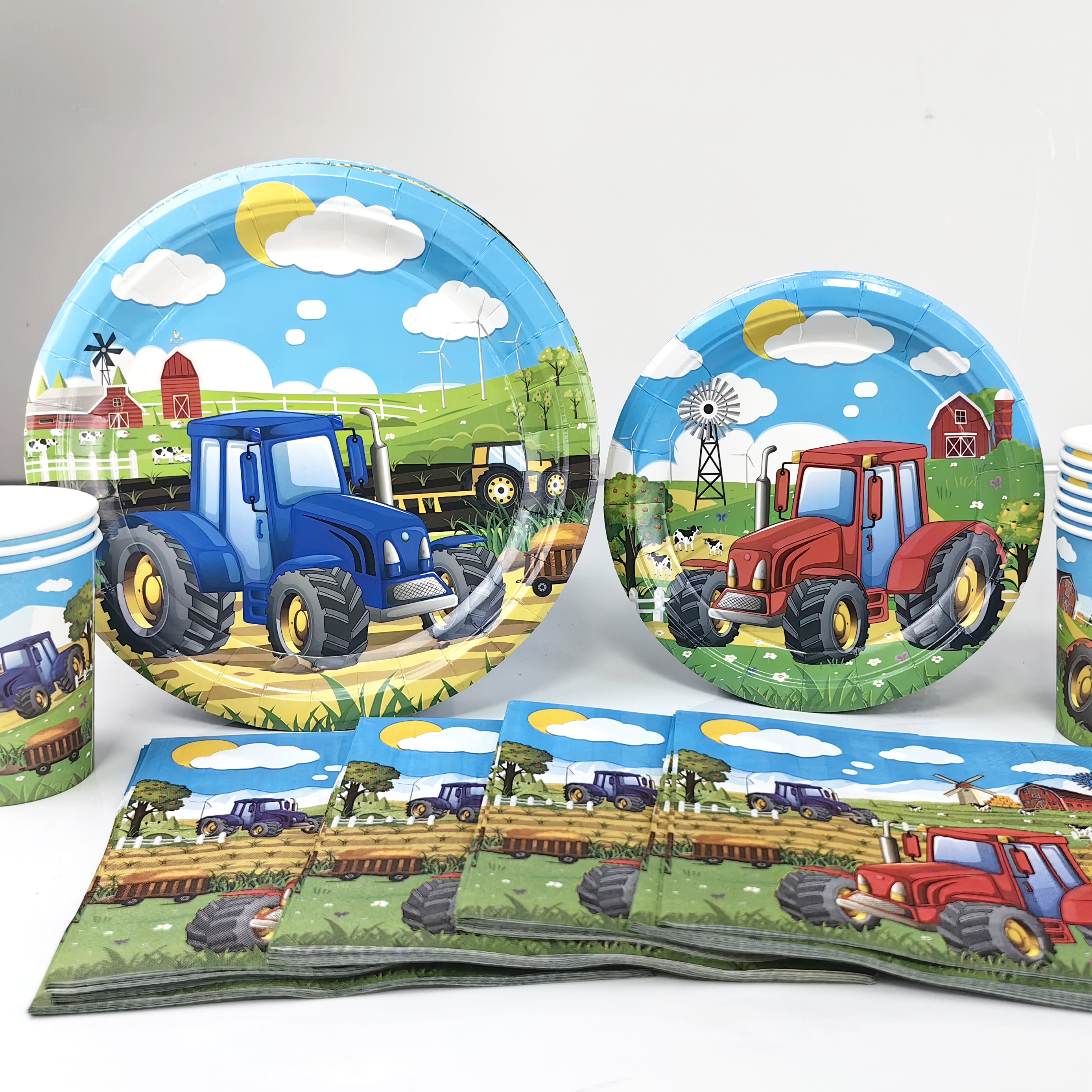 Cartoon Green Farm Tractor Disposable Tableware Plate Paper Cup Napkins Kids Boys Farm Theme Birthday Party Decor Supplies