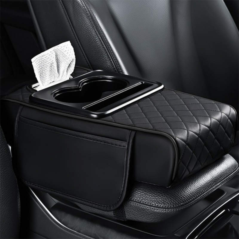 PU Leather Car Armrest Box Heightening Cushion with Cup Holder Tissue Box Side Storage Pocket Arm Rest Cover Height Pad