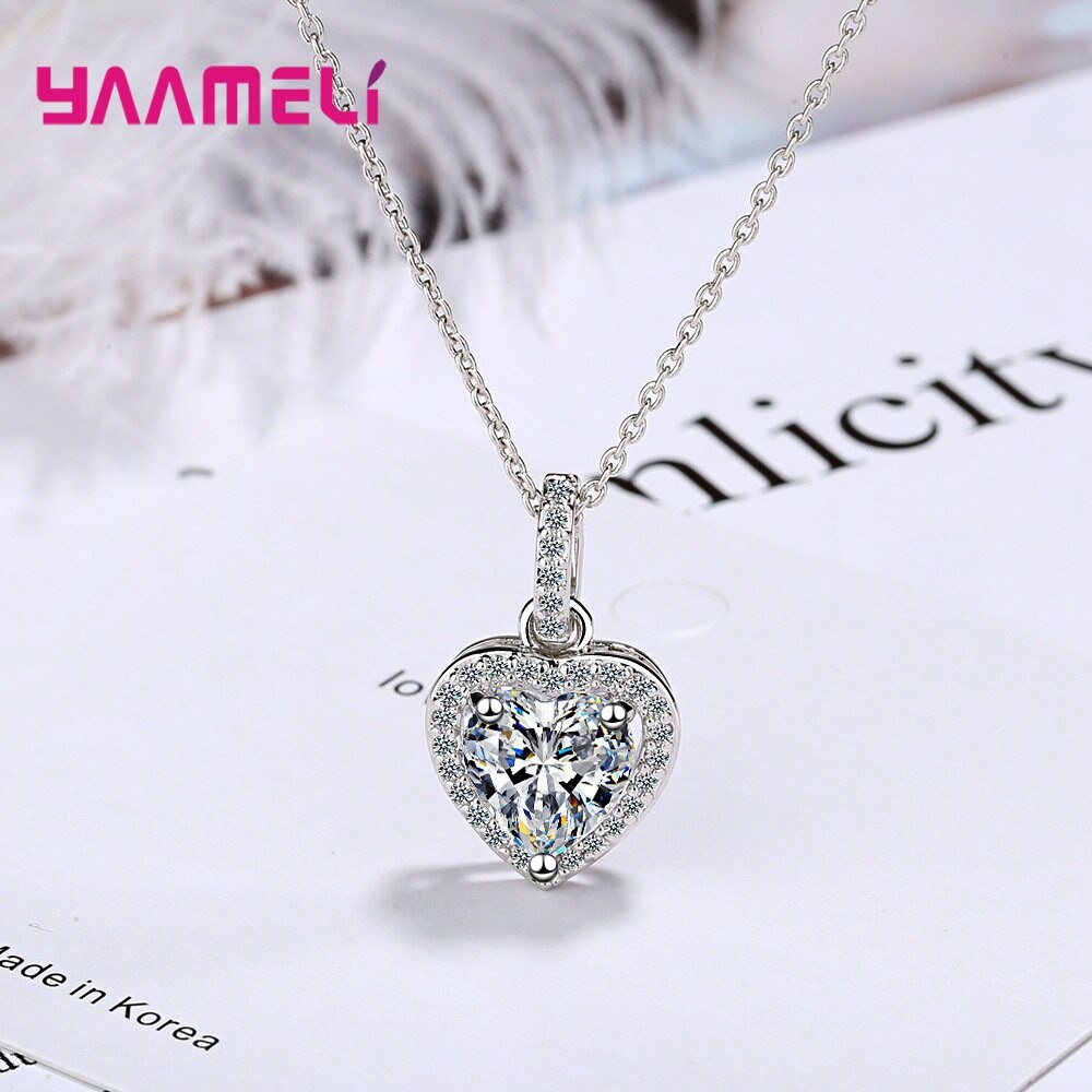 Romantic Mosaic Heart Shaped Pendant Necklaces for Woman Fine 925 Sterling Silver Rhinestone Cubic Zirconia Birthday