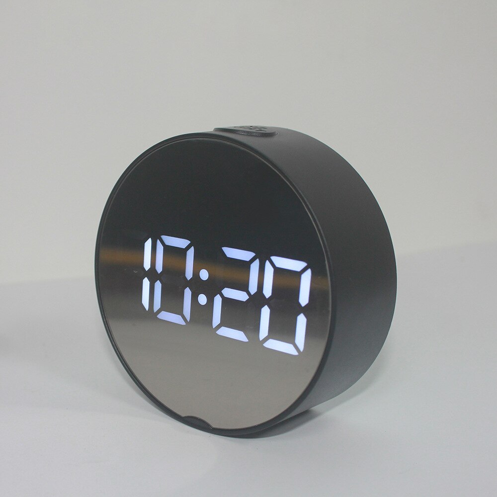 Rundt ledet spejl vækkeur digitalt bordur natlys snooze med temperatur elektronisk despertador hjemindretningsur: E
