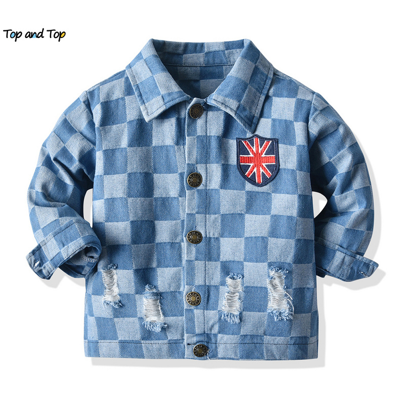 Top En Top Unisex Baby Jongens Meisjes Denim Casual Jacket Baby Lange Mouwen Ripped Plaid Jassen Bovenkleding 3M-24M