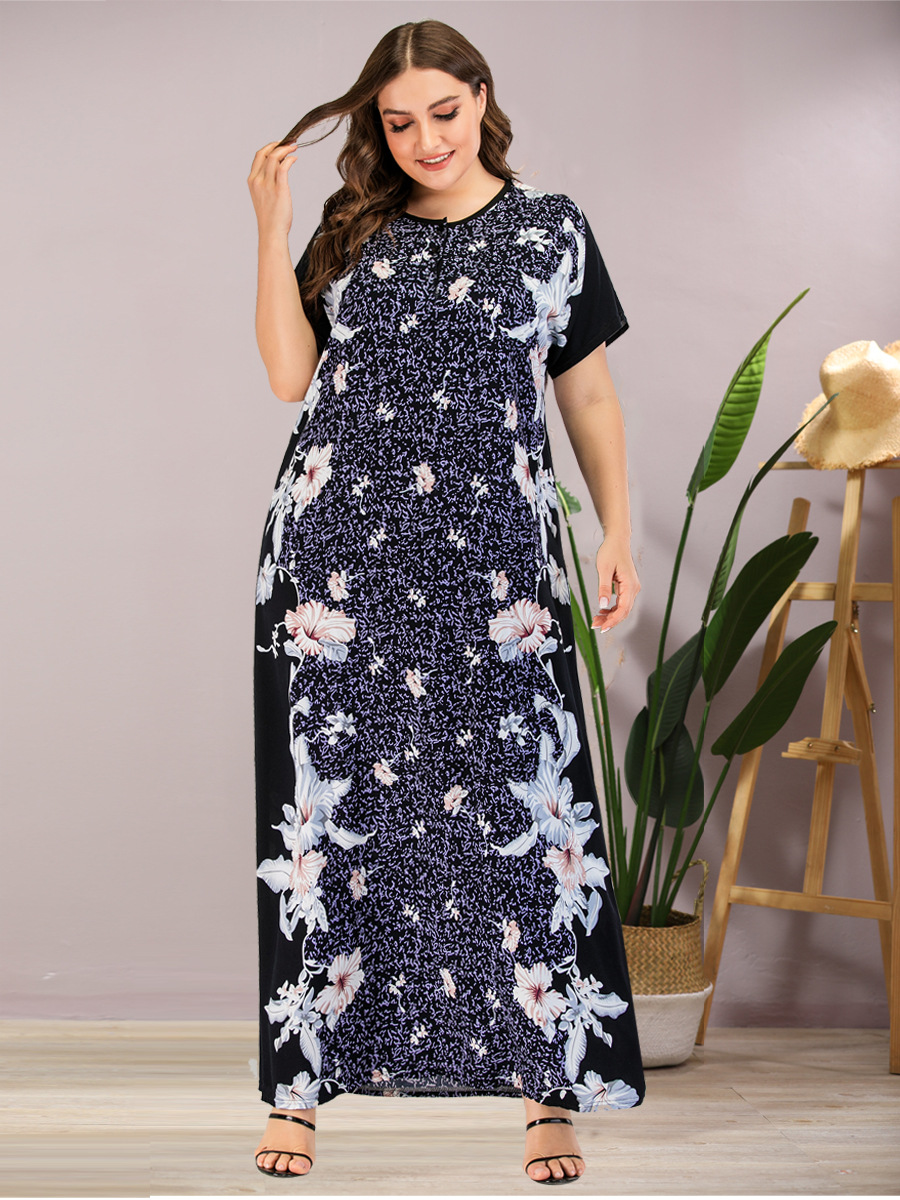 Zomer Vrouwen Casual Korte Mouw Bloemenprint Tank Maxi Jurk Plus Size Losse Abaya Kaftan Ramadan Gewaad Marokkaanse Gown VKDR2116