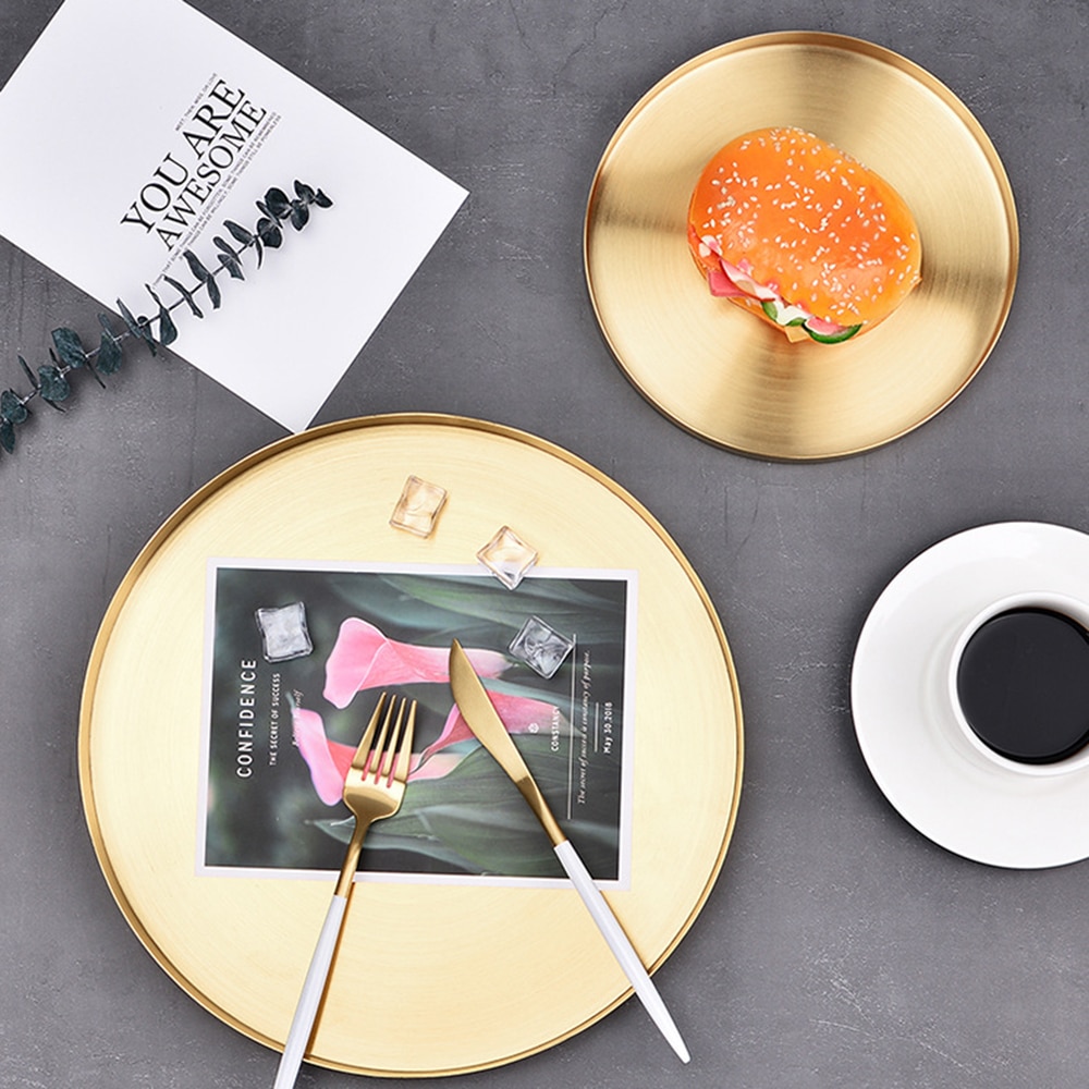 Gouden Dienblad Ronde Voedsel Sieraden Display Lade Rvs Ring Ketting Opslag Pan Luxe Thuis Thee Lade Organizer