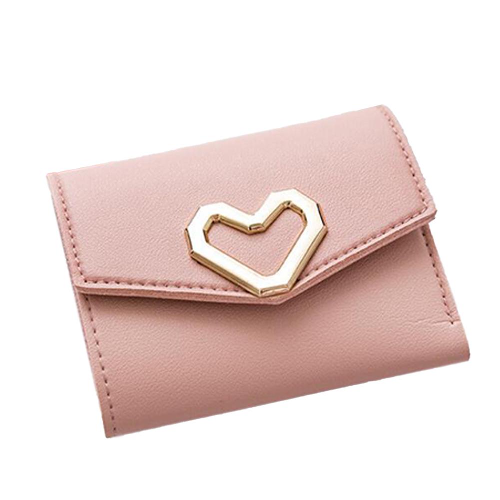 PinShang Women Short Wallet Heart 3-folds Candy Color PU Leather Magnetic Buckle Square Purse: Pink