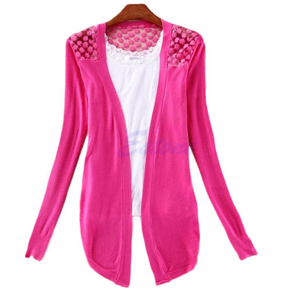 Vrouwen Lady Hollow Kant Gebreide Sweet Candy Kleur Crochet Knit Blouse Top Coat Trui Vest Lange Mouwen Slanke Dunne Out jas: HP