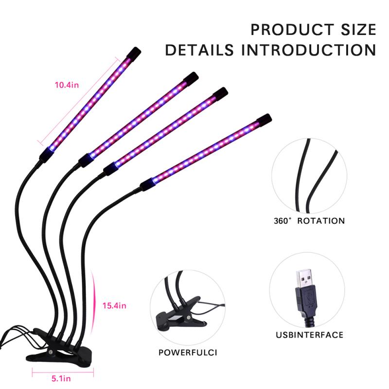LED Grow Light USB Phyto Lamp Full Spectrum Fito Lamp With Control For Plants Seedlings Flower Indoor Greenhouse Growing Lamps: 4Head 80LED 40W