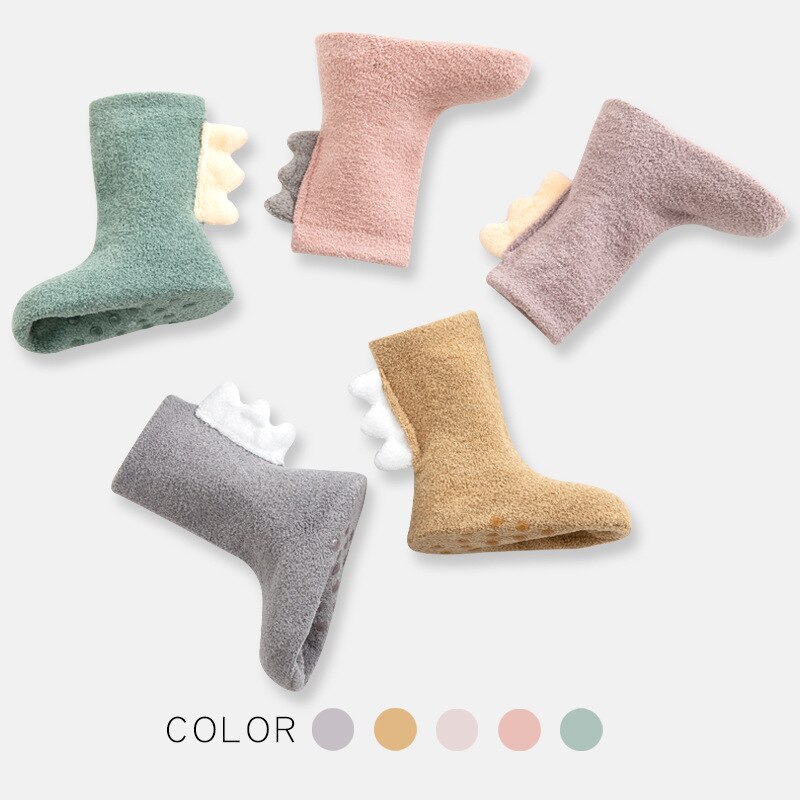 Winter Warm Coral Fleece Baby Socks Soft Thicken Terry Toddler Socks Cute Cartoon Dinosaur Infant Non-slip Floor Sock Boys Girls