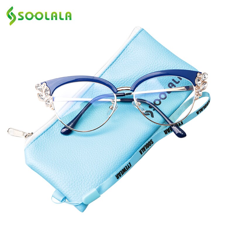 SOOLALA Anti Blue Light Glasses Women Cateye Rhinestone Eyeglass Frames Computer Anti Reflective Blue Light Blocking Glasses: Blue